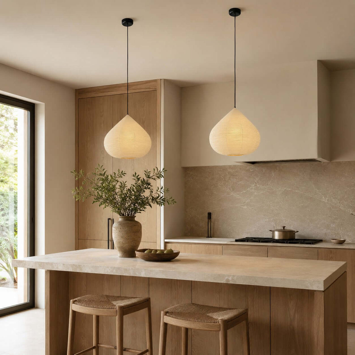 Lámpara colgante de papel Gotalia en un comedor de estilo japandi – imagen 14