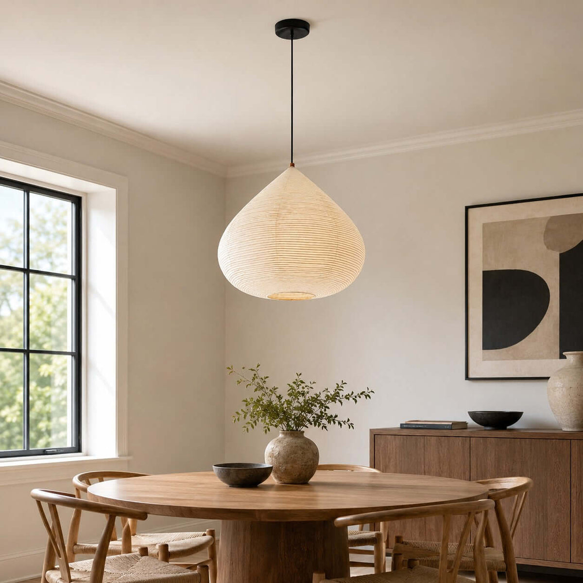 Lámpara colgante de papel Gotalia en un comedor de estilo japandi – imagen 15