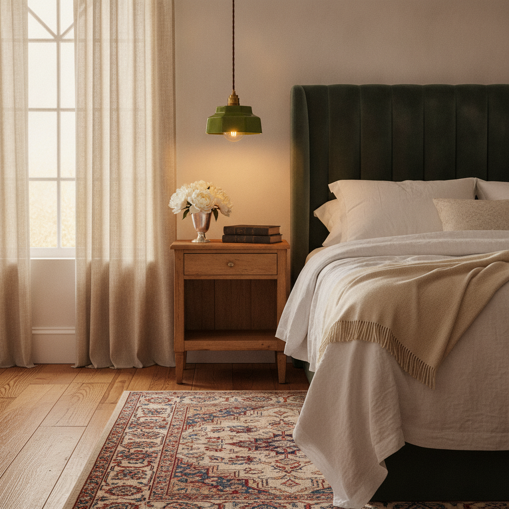 Lámpara colgante de resina Facetta – en verde en un dormitorio