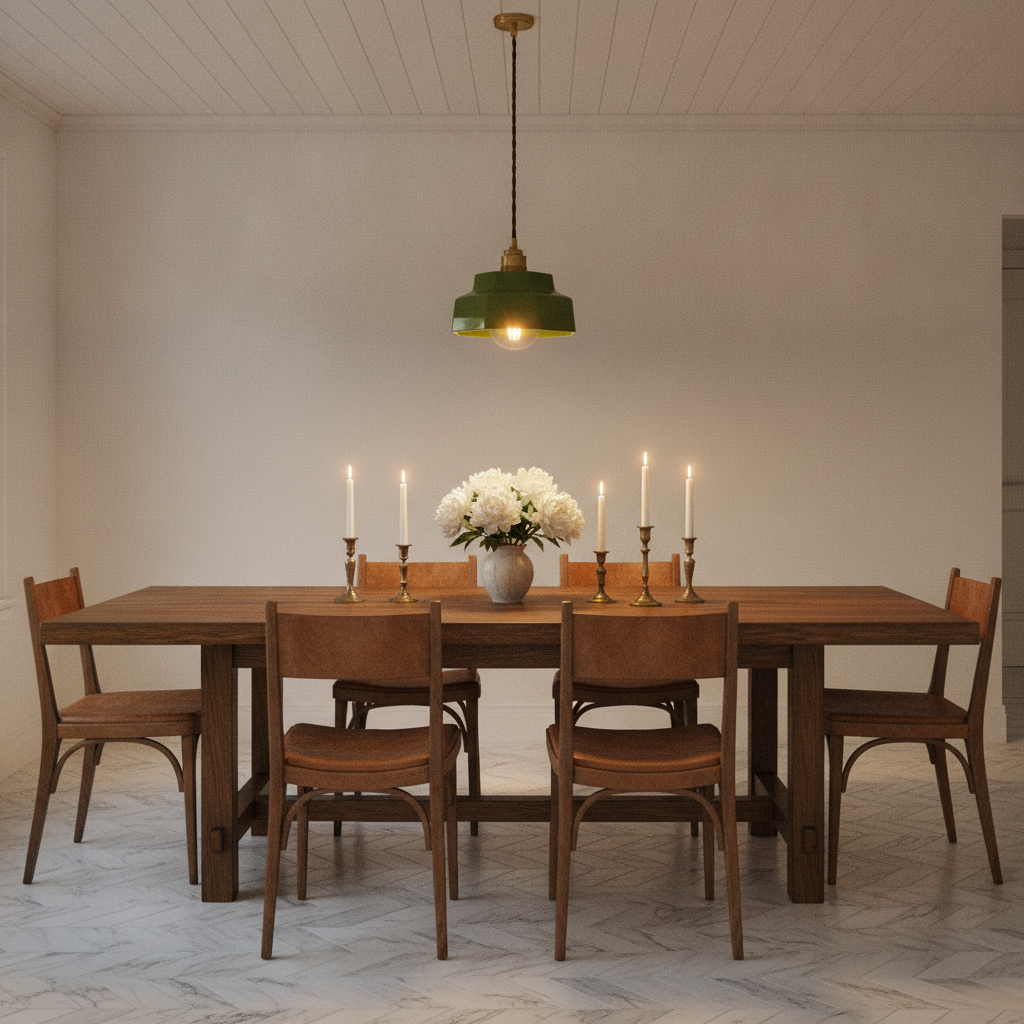 Lámpara colgante de resina Facetta – en verde sobre una mesa de comedor