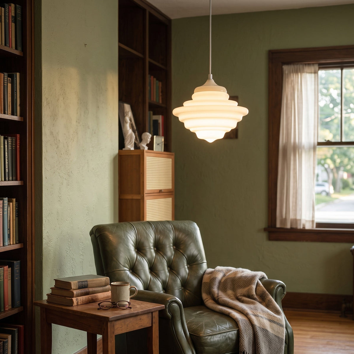 Lámpara colgante de cristal opal Escalona – en un rincón de lectura con sillón de cuero