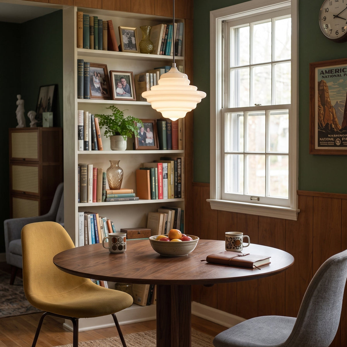 Lámpara colgante de cristal opal Escalona – sobre una mesa redonda junto a una librería