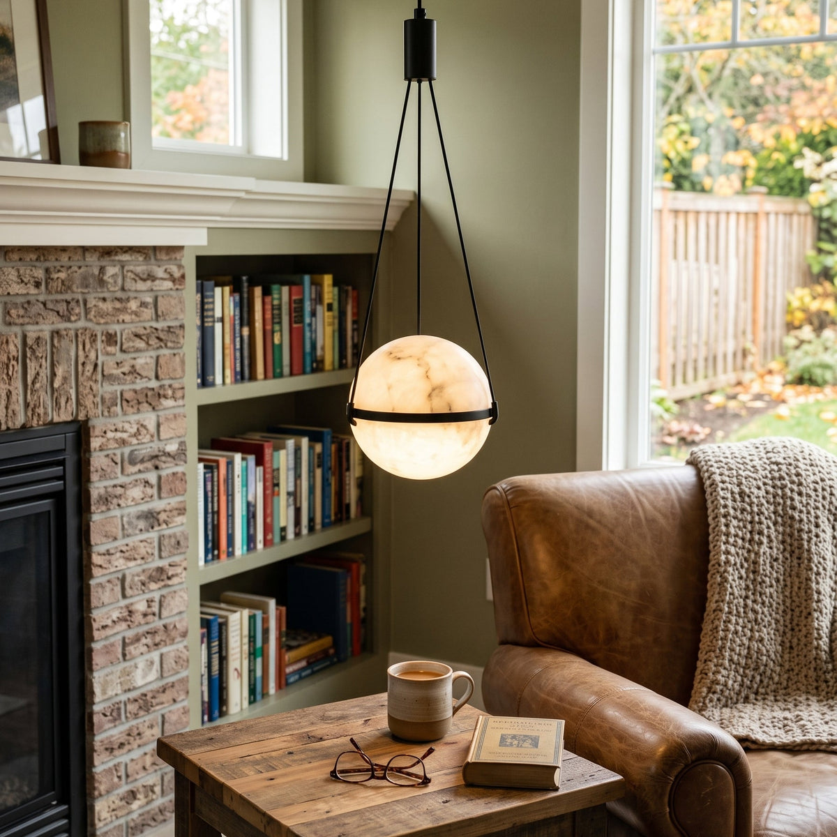 Lámpara colgante de alabastro Hamaca – en un rincón de lectura junto a la chimenea