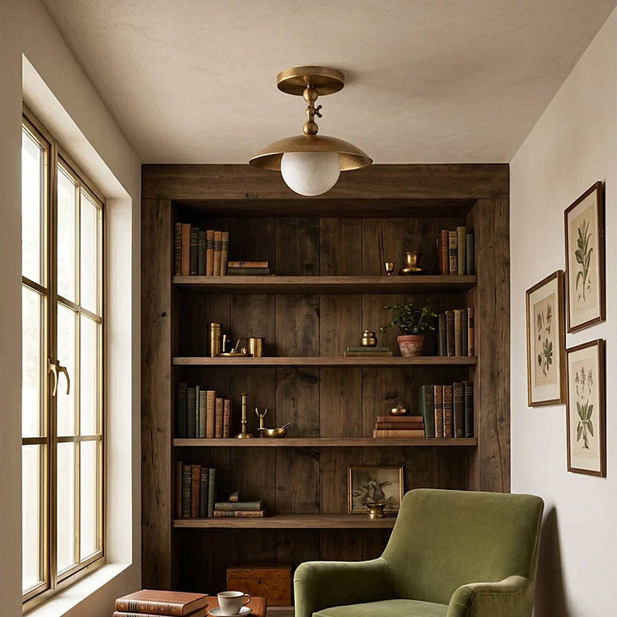 Plafón de techo de metal martillado Dimela – dorado junto a una librería