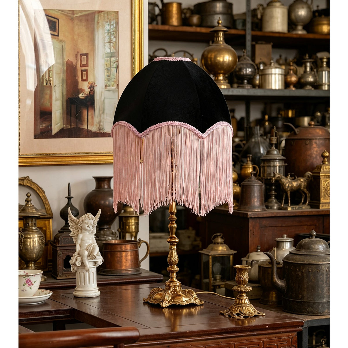 Lámpara de mesa vintage con flecos Tafeta – en un rincón con objetos de latón