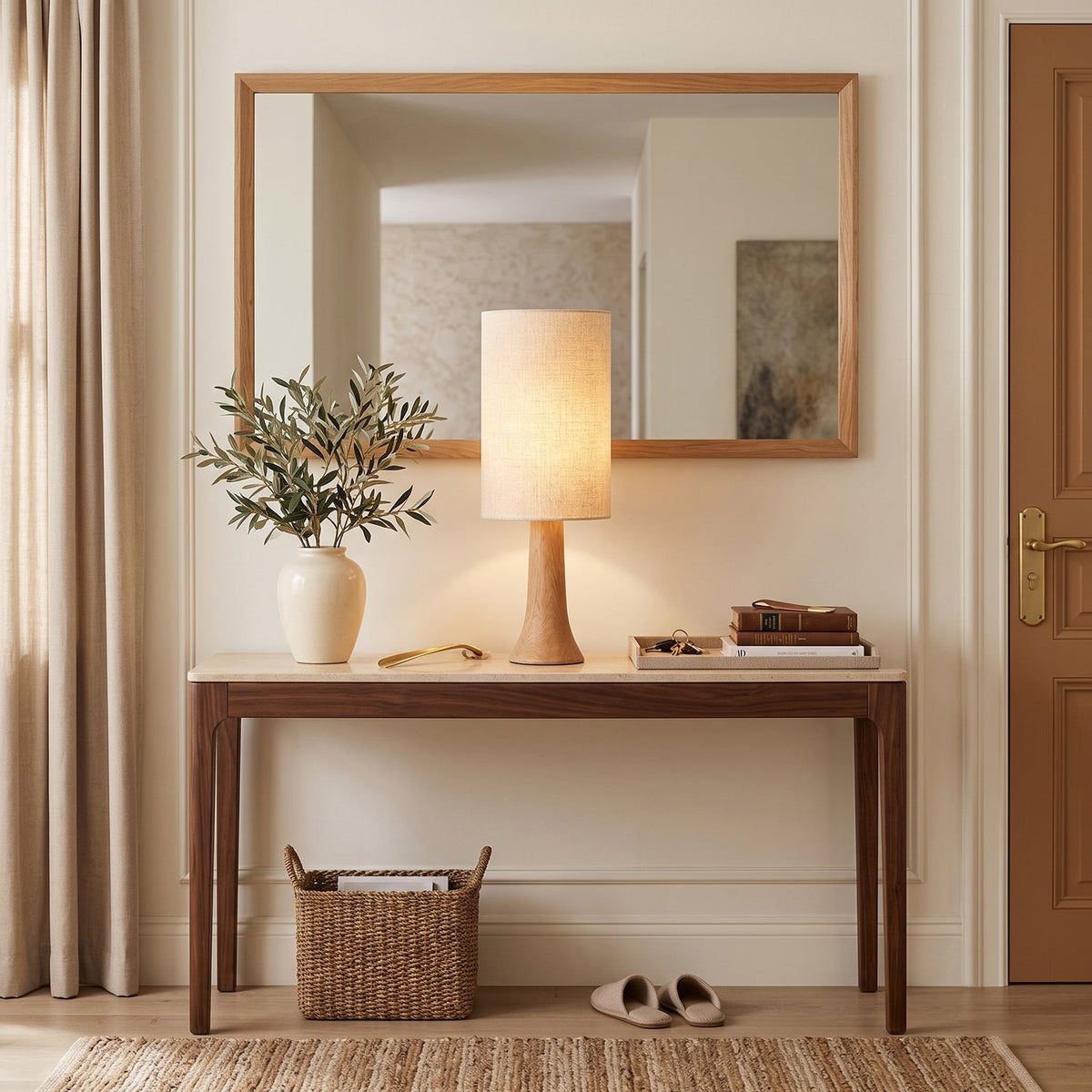 Lámpara de mesa de madera Bosela en un dormitorio acogedor – imagen 3