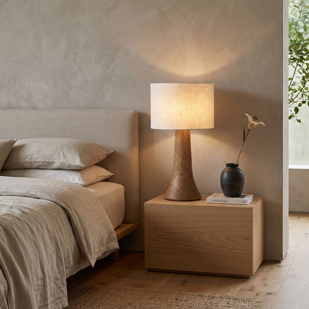 Bosela - Lámpara de Mesa de Madera con Pantalla de Tela Blanca Nórdica