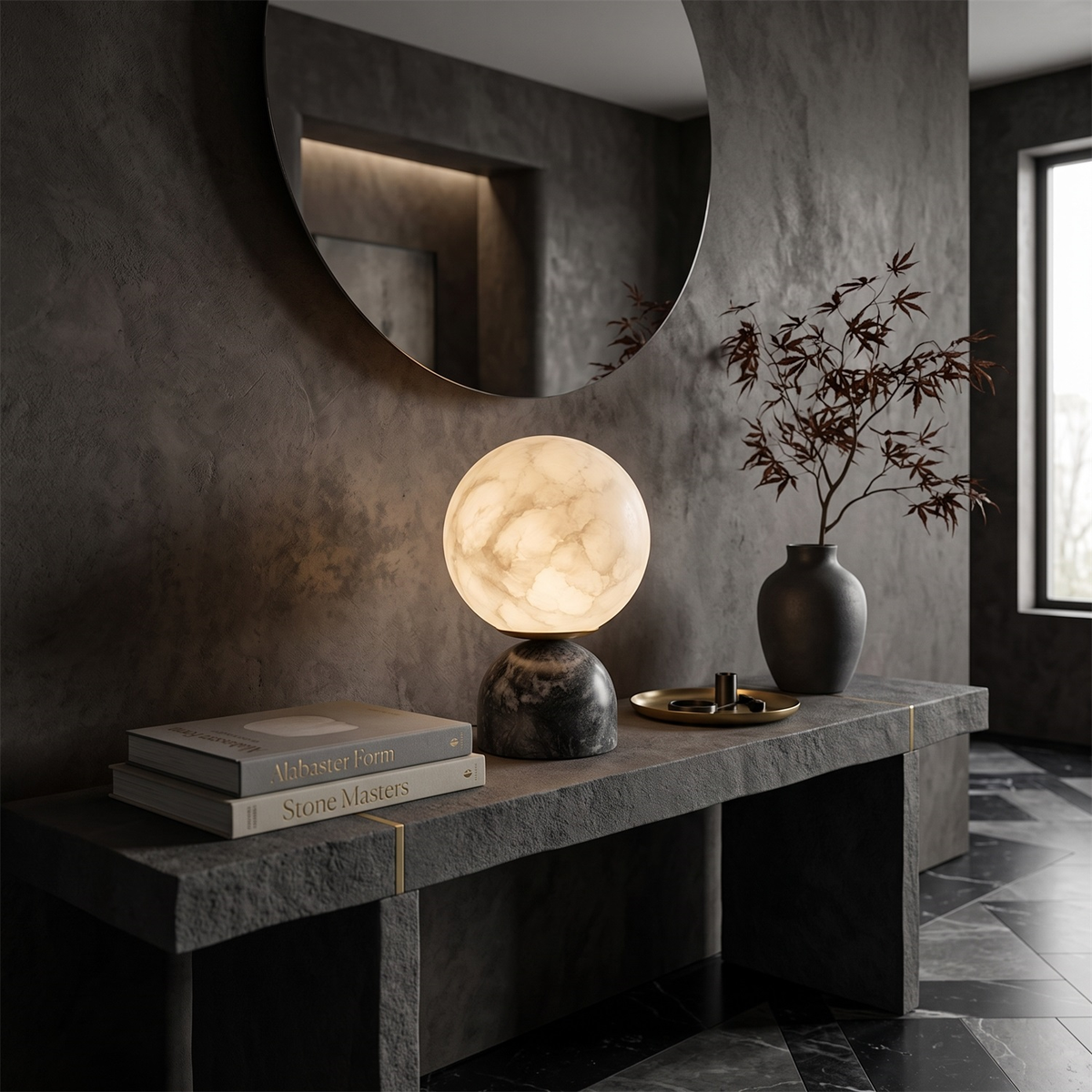 Lámpara de mesa de alabastro Selenza en un salón de estilo cálido – imagen 8