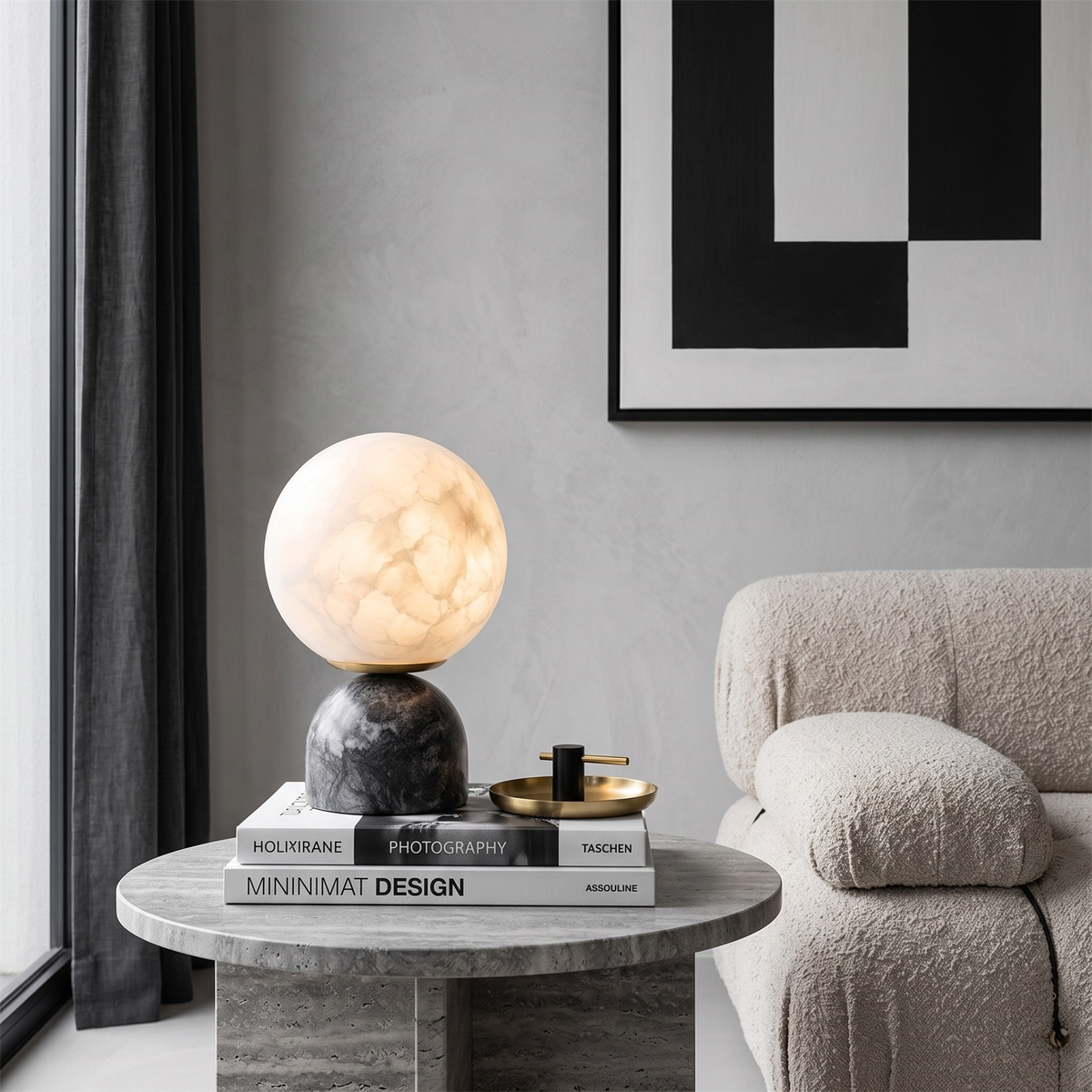 Lámpara de mesa de alabastro Selenza en un salón de estilo cálido – imagen 14
