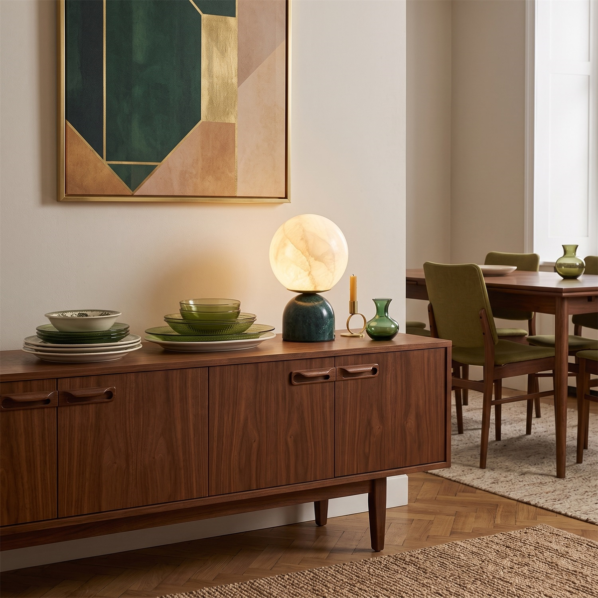 Lámpara de mesa de alabastro Selenza en un salón de estilo cálido – imagen 11