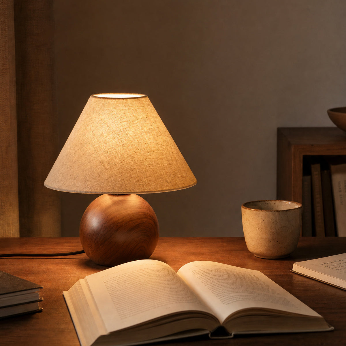 Lámpara de mesa efecto nogal Ulmara – en un escritorio junto a un libro