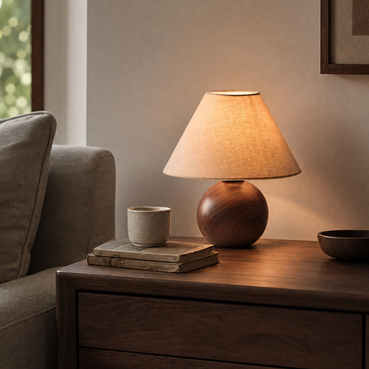 Lámpara de mesa efecto nogal Ulmara – junto al sofá con luz cálida