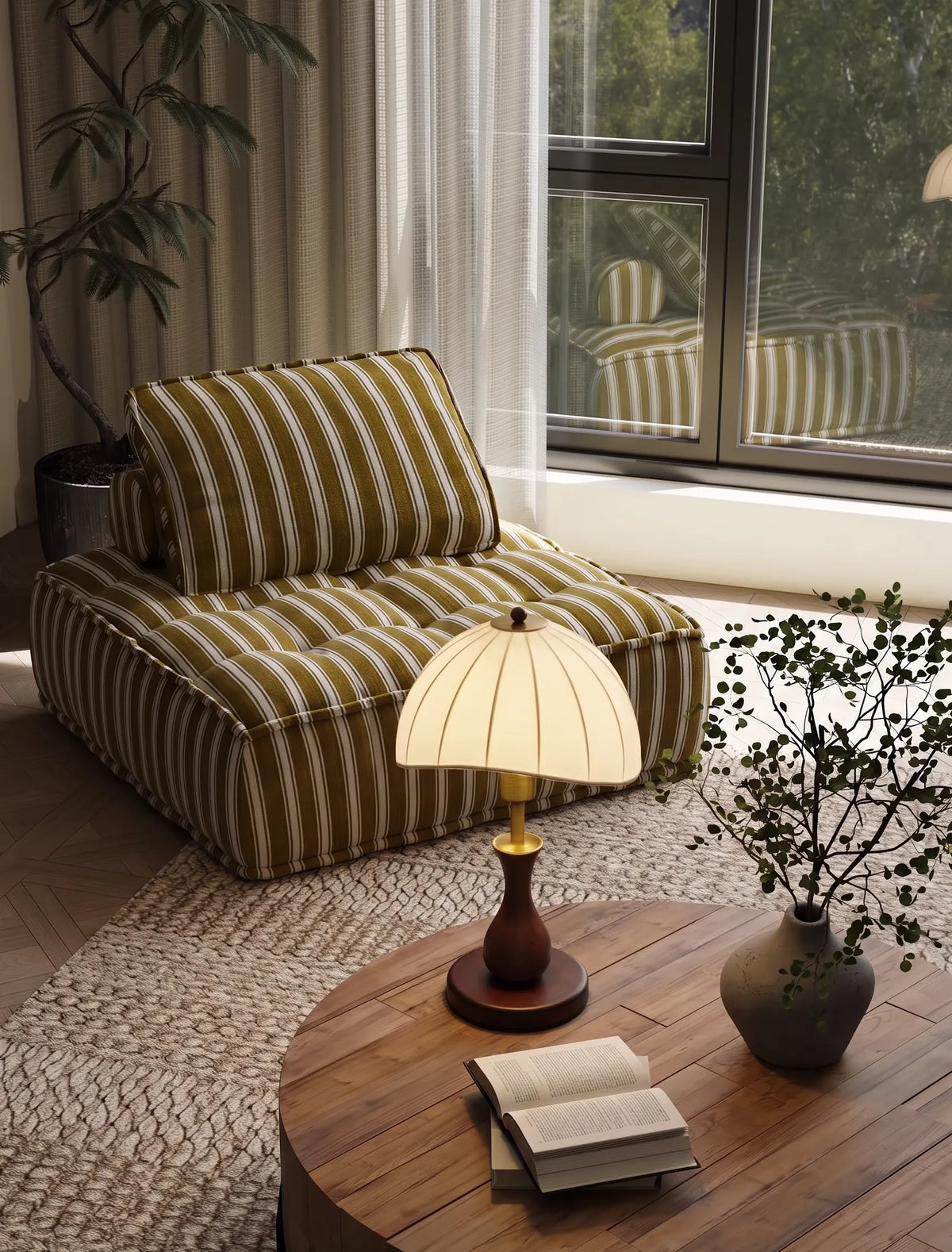 Lámpara de mesa retro de madera Viselda – sobre una mesa de centro de madera