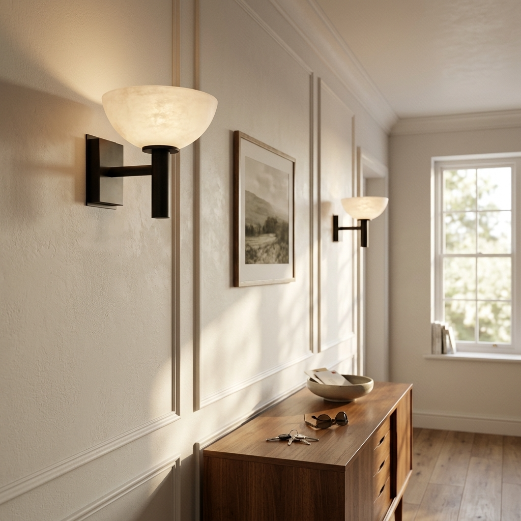 Aplique de pared con cuenco de alabastro Zuenca – pareja de apliques en un pasillo