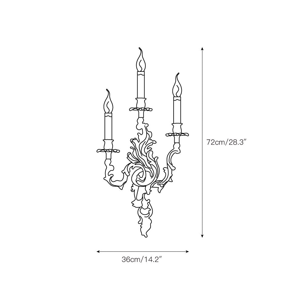 Aplique de pared rococó de latón Ledora – medidas de la versión de 3 luces 36 × 72 cm