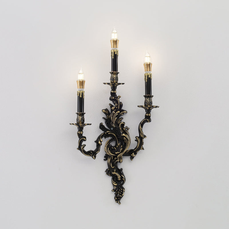 Aplique de pared rococó de latón Ledora – versión de 3 luces en latón negro