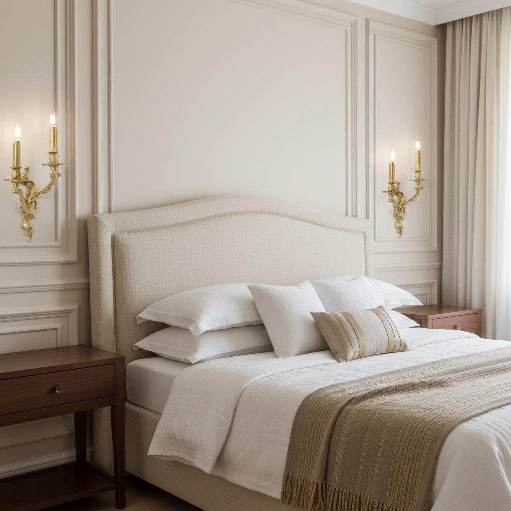 Aplique de pared rococó de latón Ledora – en un dormitorio clásico