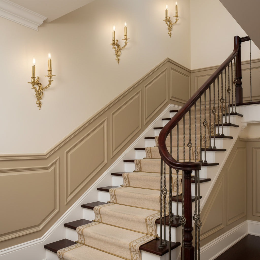 Aplique de pared rococó de latón Ledora – en una escalera