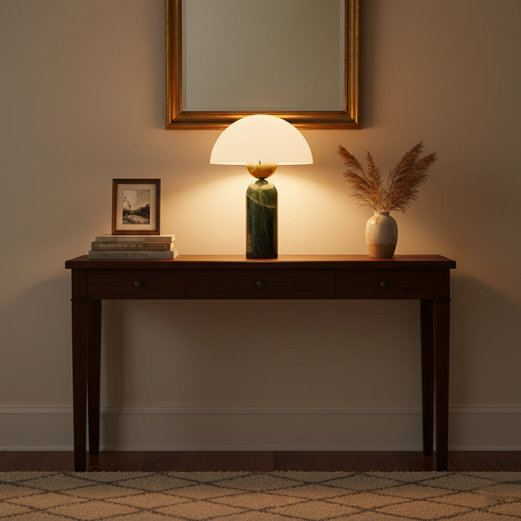 Lámpara de mesa de piedra natural Cupelia en un salón acogedor – imagen 15