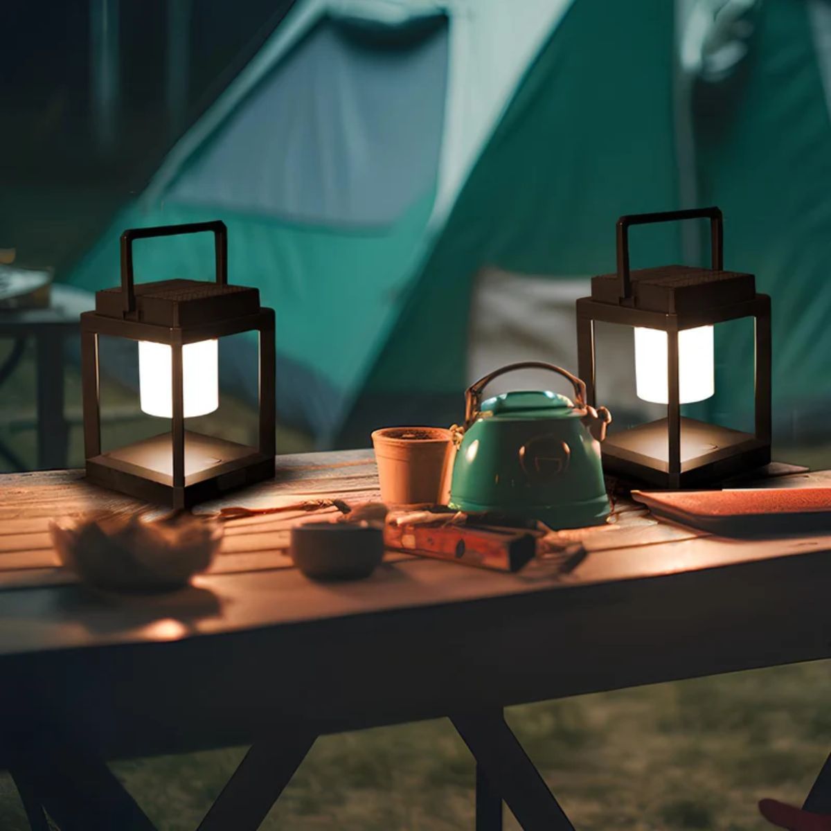 Farol solar LED portátil Jolena – dos faroles en una mesa de camping