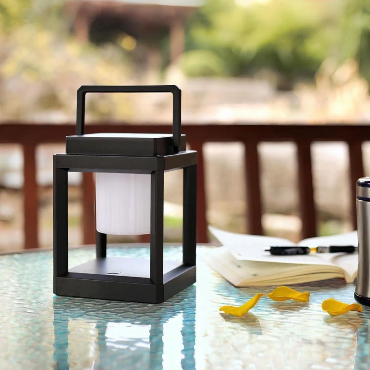 Farol solar LED portátil Jolena – sobre una mesa de cristal en la terraza