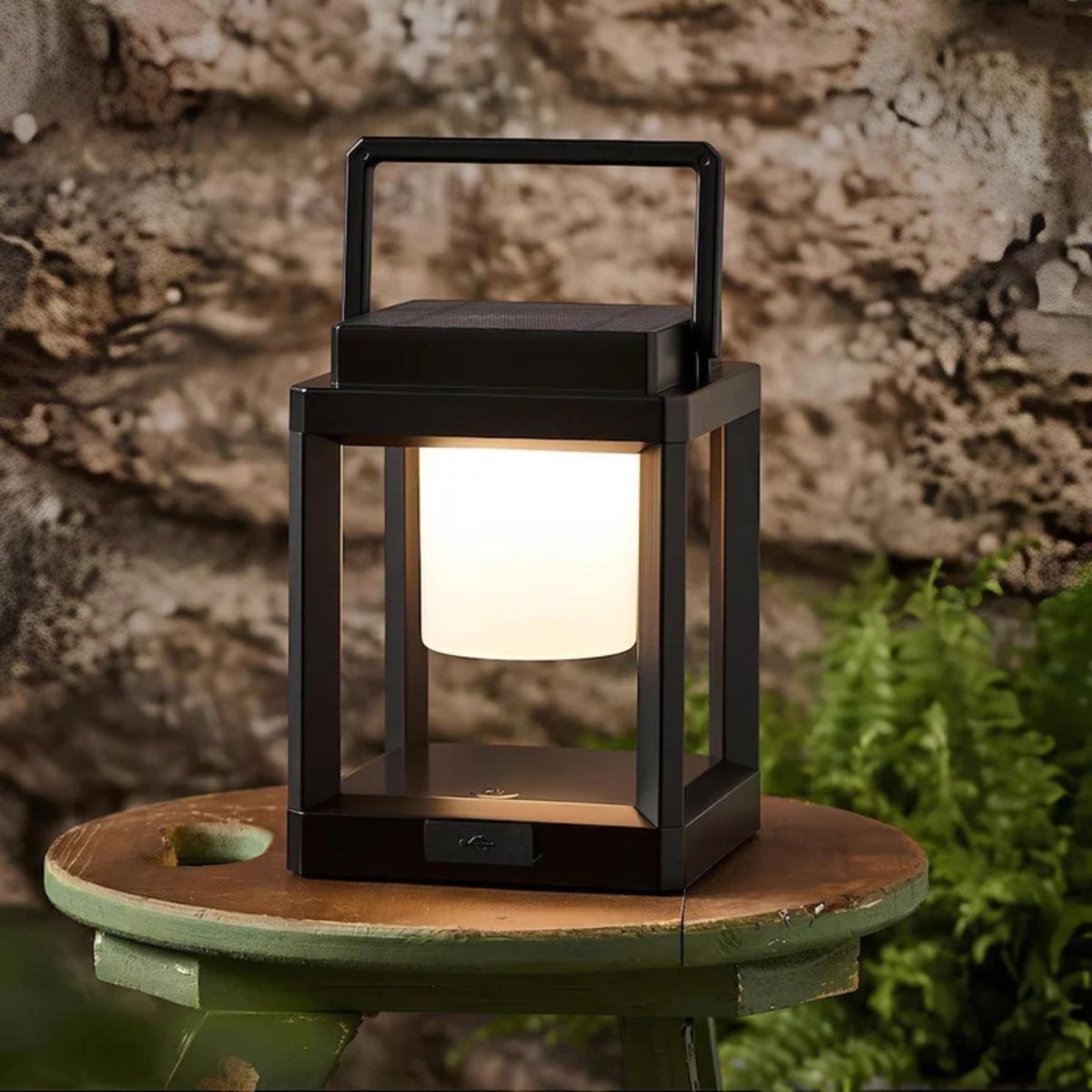 Farol solar LED portátil Jolena – sobre una mesita de jardín