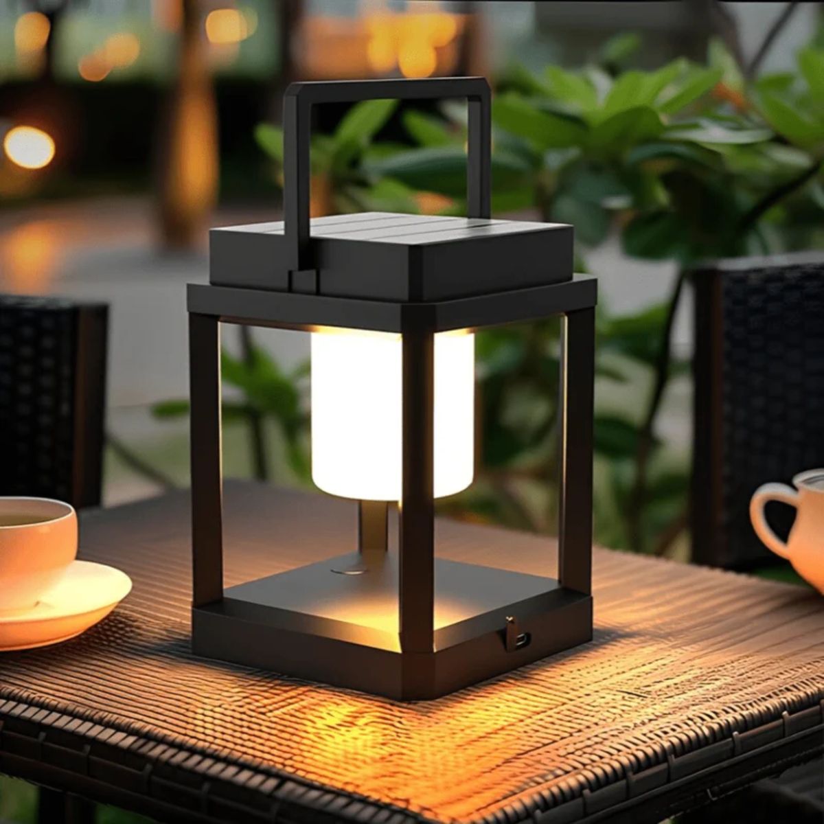 Farol solar LED portátil Jolena – encendido en una mesa de terraza
