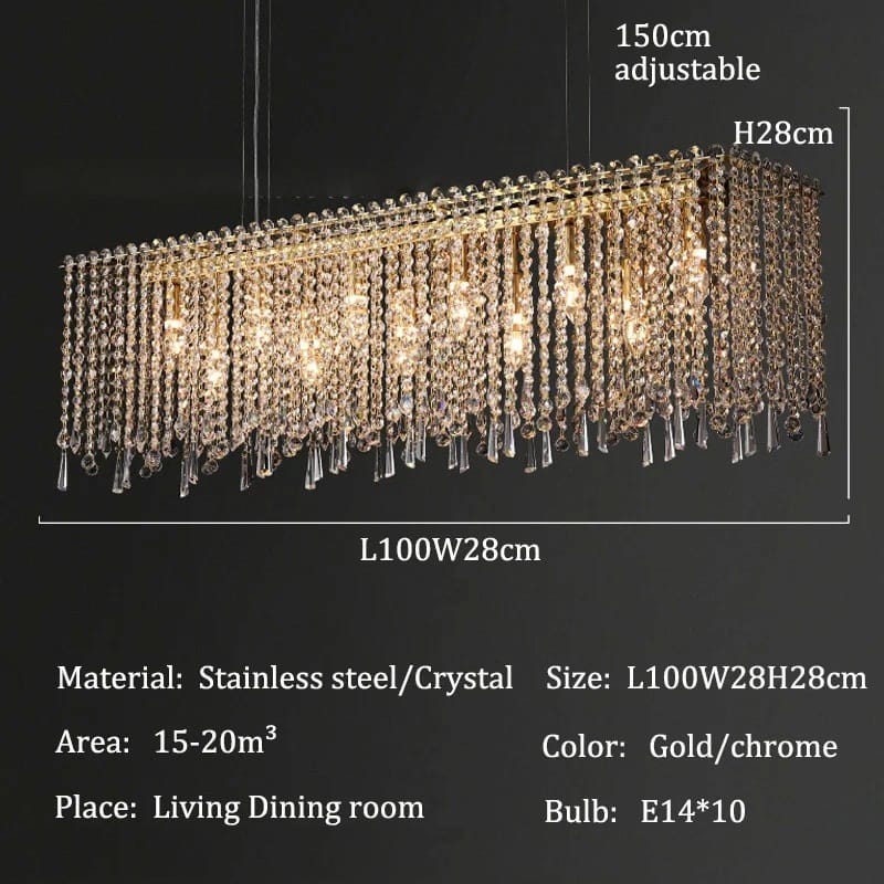 Lámpara colgante lineal de cristal Cascala – 100 cm con medidas