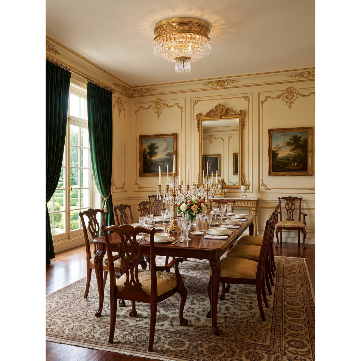 Plafón de techo de cristal y latón Brocela – en un comedor de estilo clásico