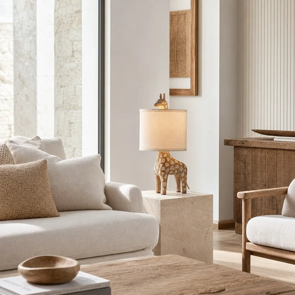 Lámpara de mesa jirafa Altina en un dormitorio acogedor – imagen 5