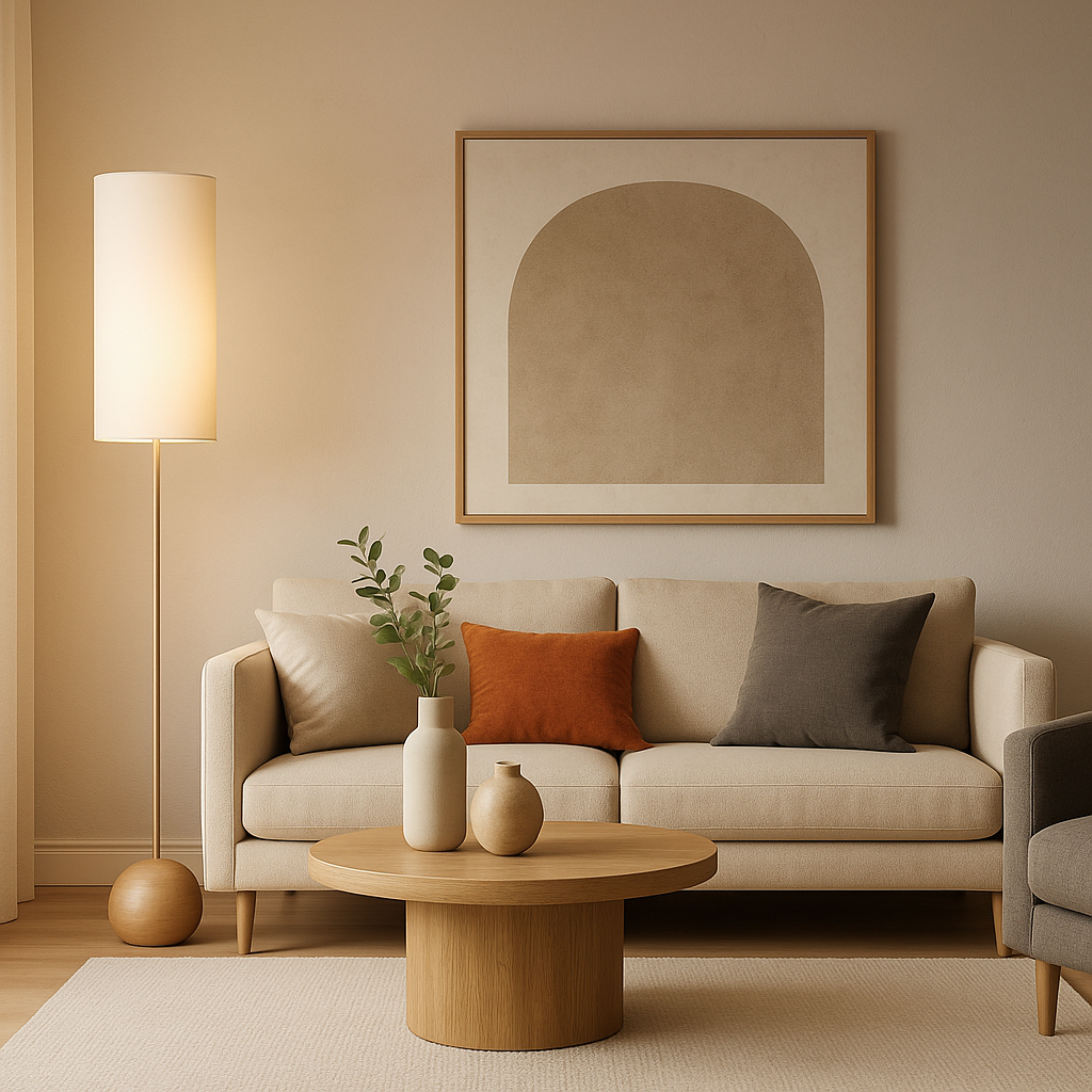 Lámpara de pie con pantalla cilíndrica de tela Lomia – con base esférica de madera junto al sofá