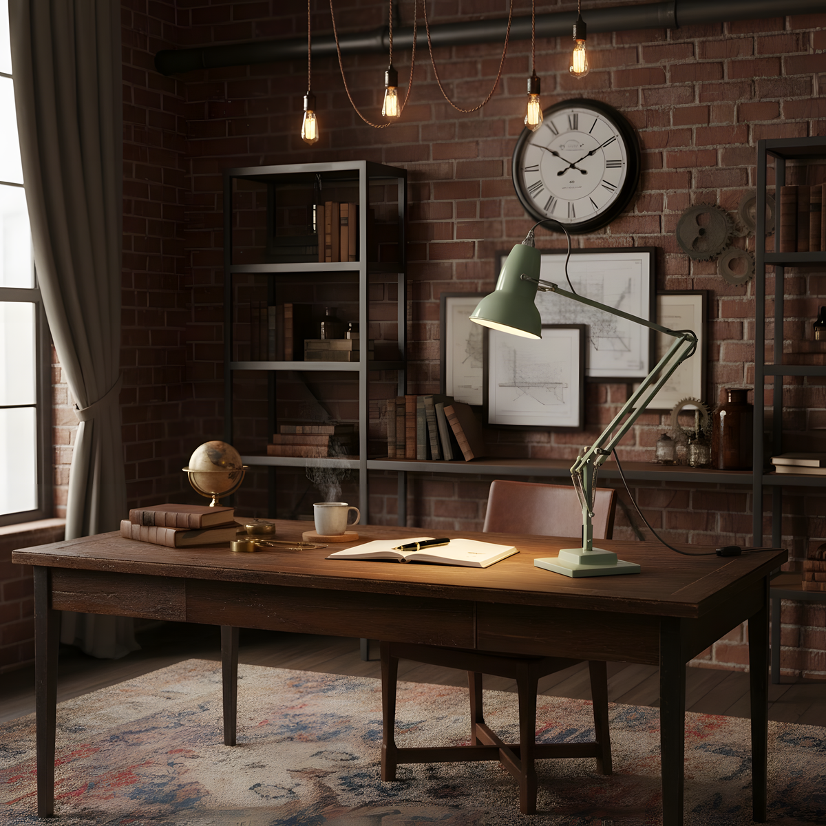 Lámpara de escritorio industrial Quinela sobre un escritorio de madera – imagen 15