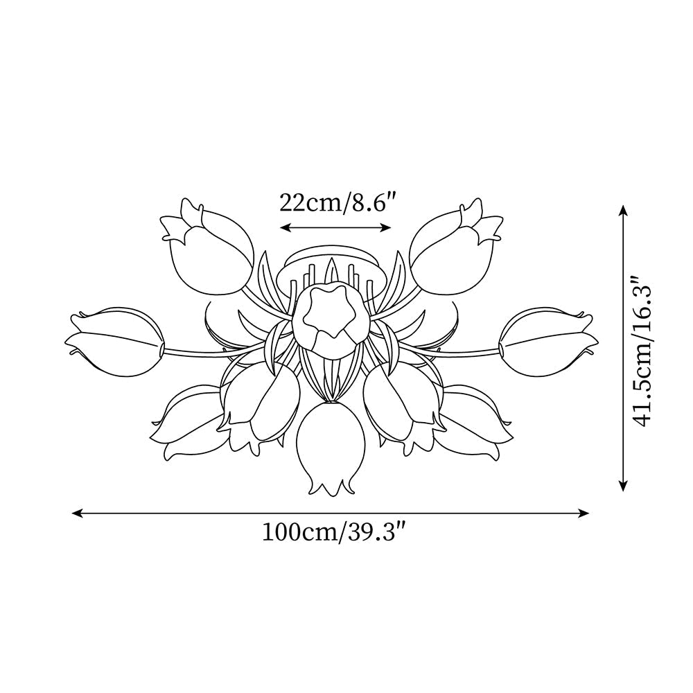Lámpara de techo de flores Campiña – medidas de la versión de 12 luces