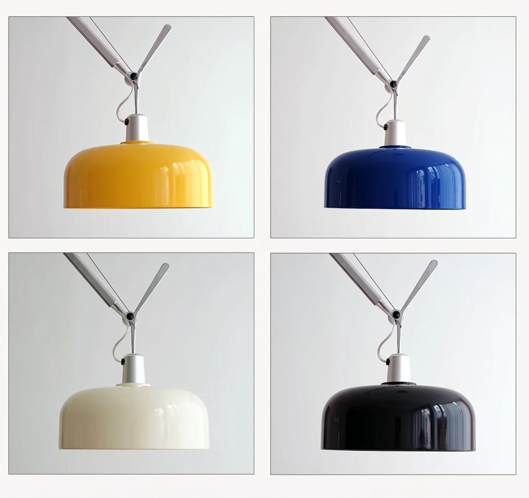 Lámpara colgante con brazo articulado Giraldo – cúpulas en amarillo azul crema y negro