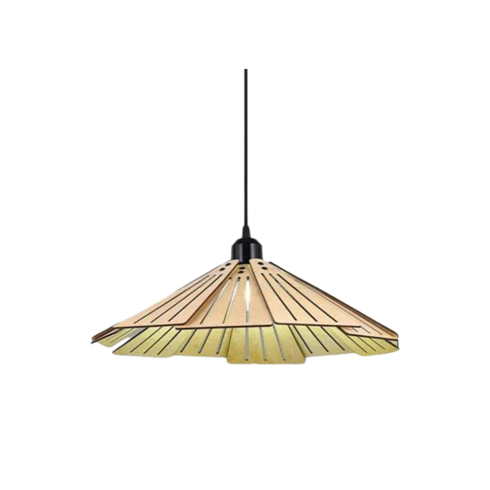 Lámpara colgante de madera Bardela – beige arena con pantalla de lamas caladas