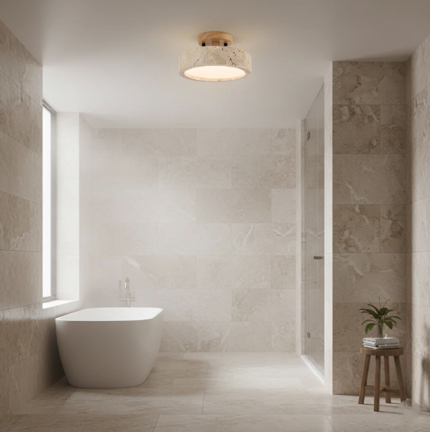 Plafón LED efecto travertino Gavelia en el techo de un dormitorio – imagen 4