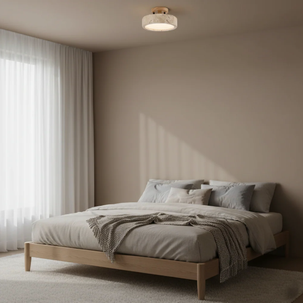Gavelia - Plafón LED Redondo Efecto Travertino con Florón Tono Madera