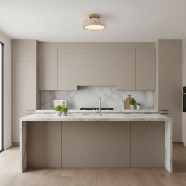 Plafón LED efecto travertino Gavelia – sobre una cocina