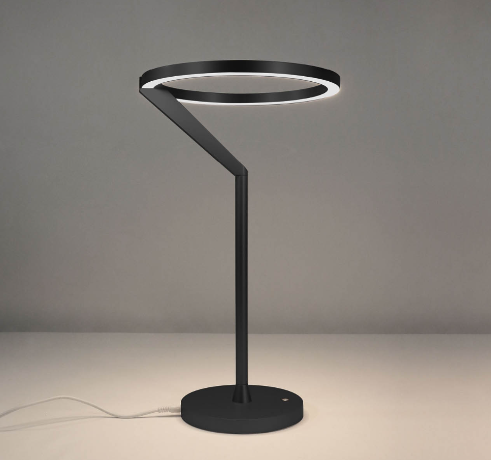 Lámpara de mesa LED con aro de luz Orlena – en negro, encendida