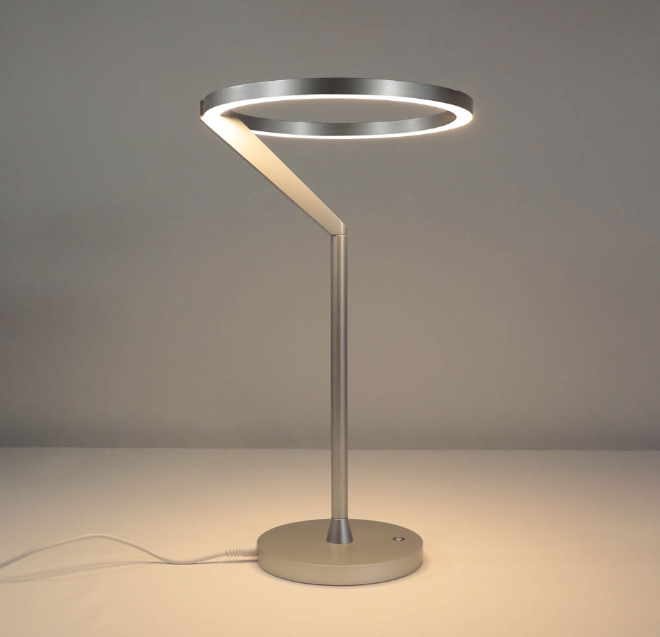 Lámpara de mesa LED con aro de luz Orlena – en arena, encendida