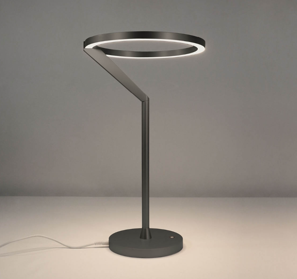 Lámpara de mesa LED con aro de luz Orlena – en bronce, encendida