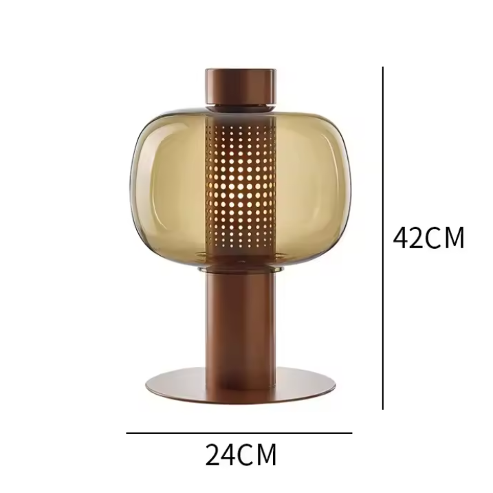 Lámpara de mesa farol de cristal Lamiel – estructura marrón con cristal ámbar