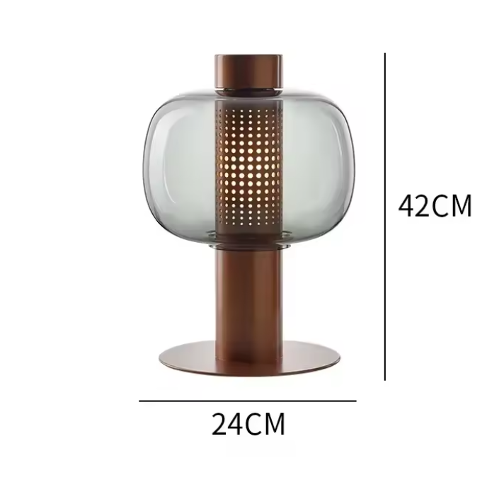 Lámpara de mesa farol de cristal Lamiel – estructura marrón con cristal gris ahumado