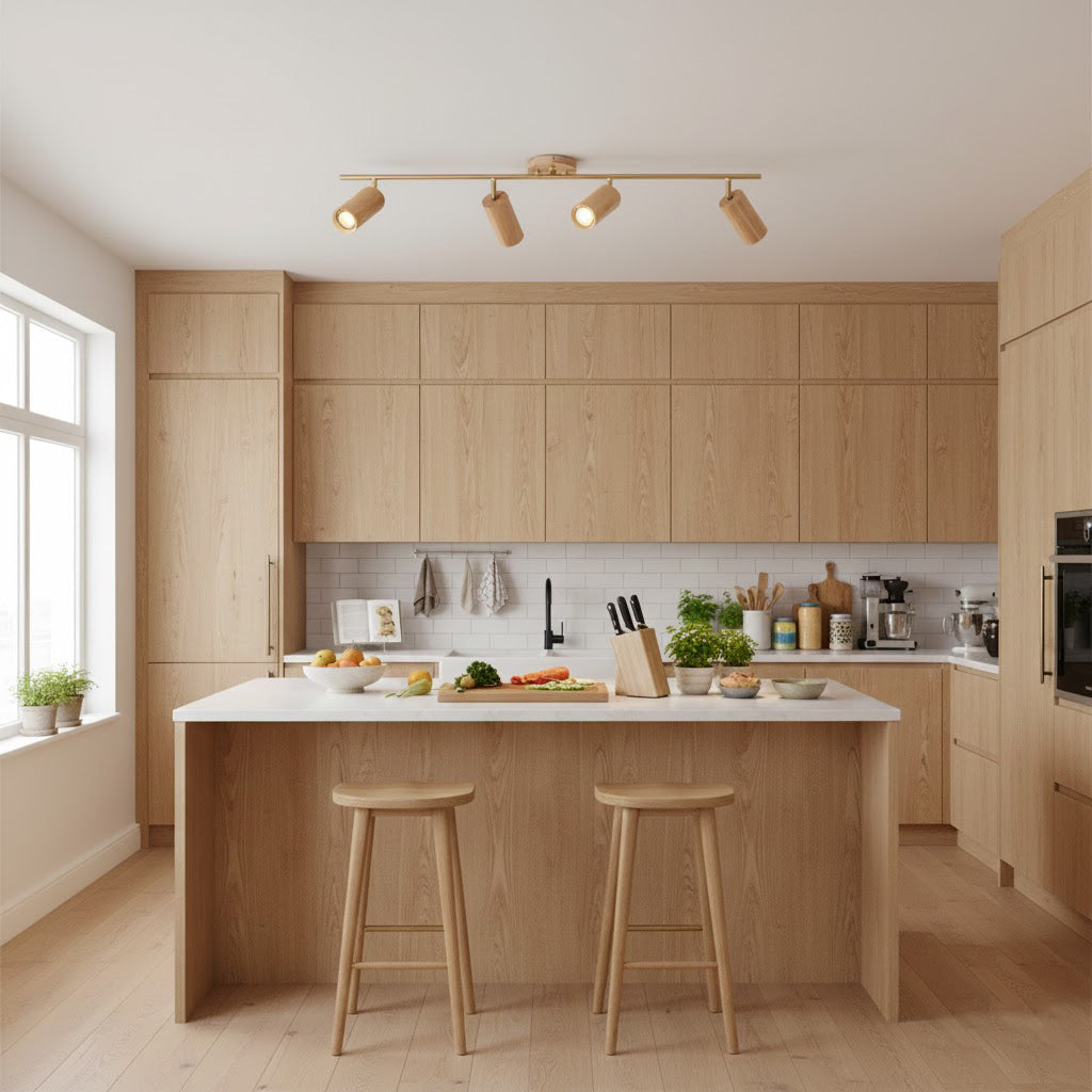 Lámpara de techo de focos de madera Rayuela sobre la encimera de una cocina – imagen 11
