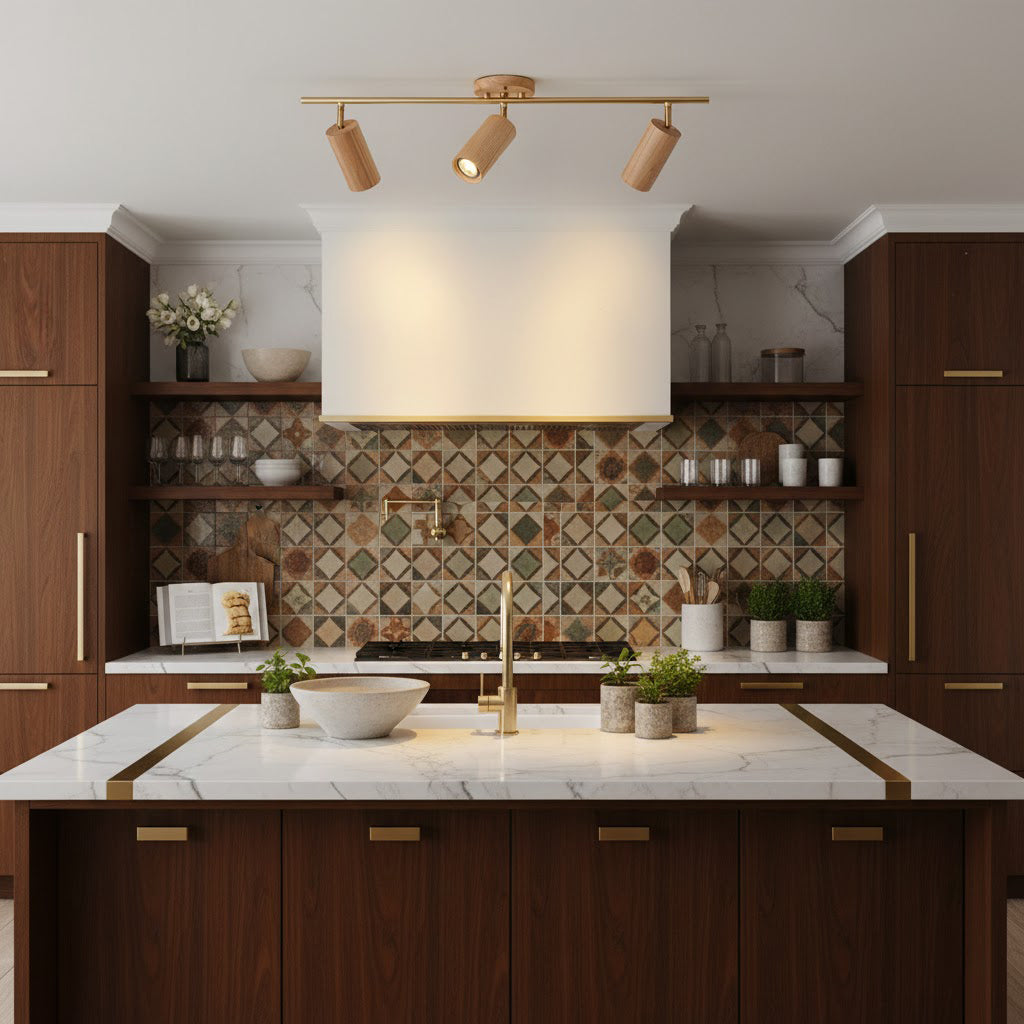 Lámpara de techo de focos de madera Rayuela sobre la encimera de una cocina – imagen 6