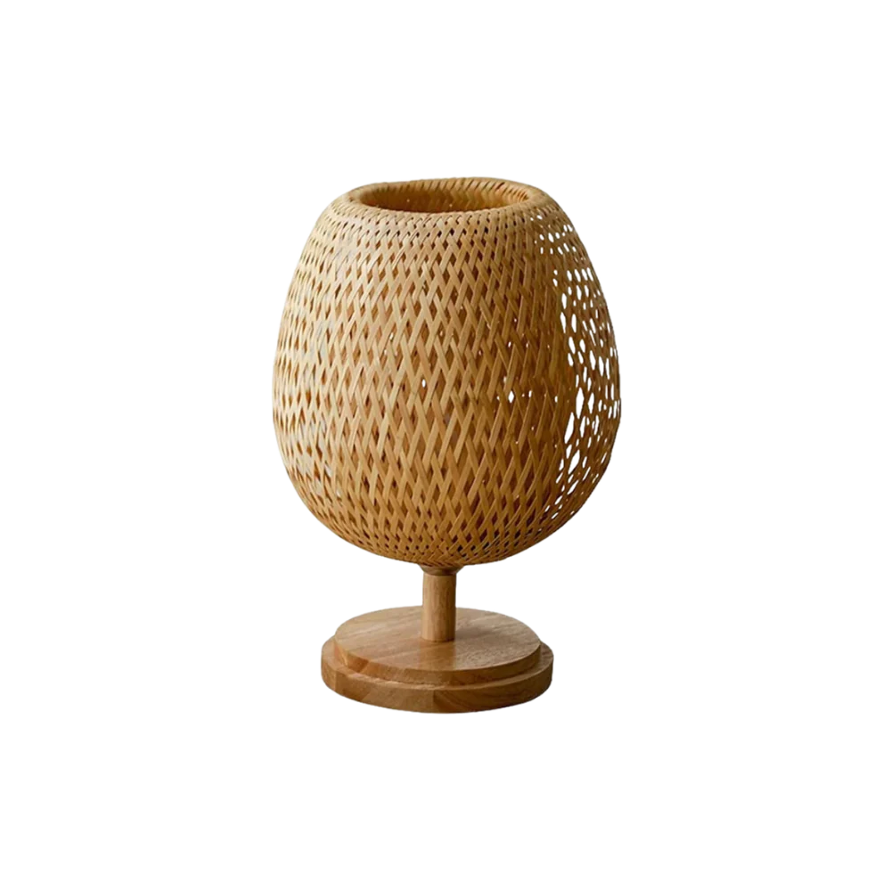 Lámpara de mesa de bambú trenzado Guadela – redonda con base de madera