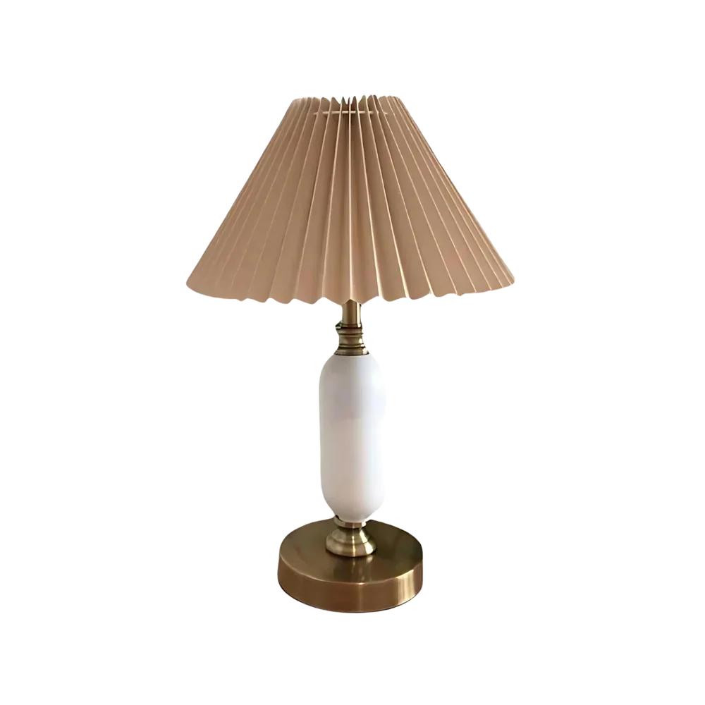 Lámpara de mesa plisada Hebrina – pantalla beige y cuerpo blanco