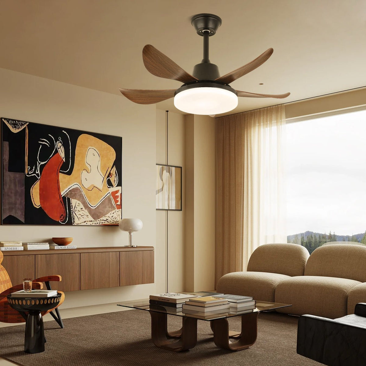 Ventilador de techo con luz Carvela en un dormitorio contemporáneo – imagen 3