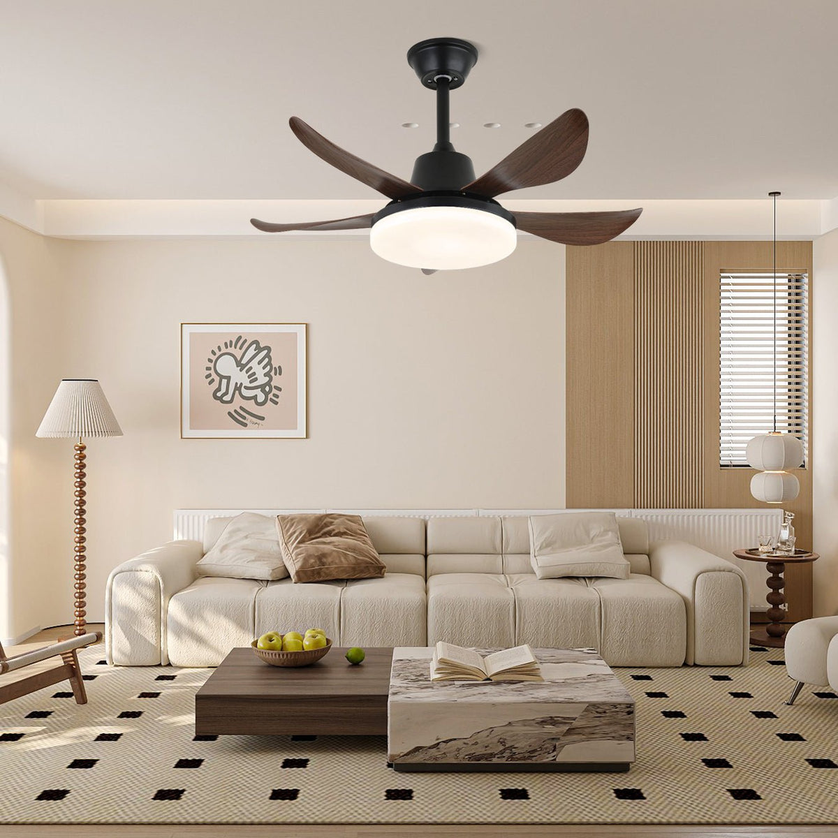 Ventilador de techo con luz Carvela en un dormitorio contemporáneo – imagen 2