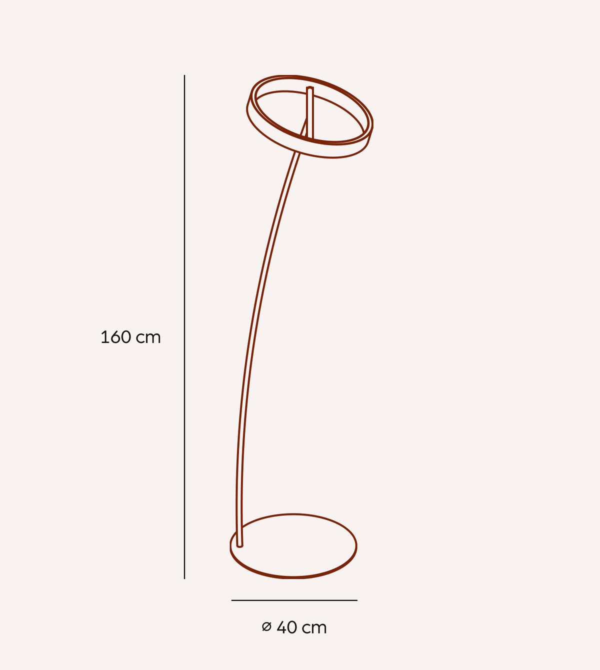 Lámpara de pie LED Rotela – medidas 160 cm de alto y anillo de 40 cm